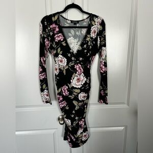 Yumi Kim Black Floral Wrap-Style Long Sleeve Midi Dress
